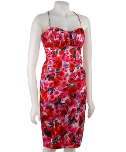 David Meister Ruched Floral Stretch Satin Dress