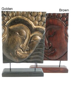 Acacia Wood Carved Buddha Face with Stand (Thailand)