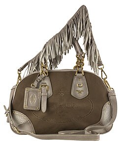 Prada Beige Logo Jacquard Bowler Bag with Fringed Strap