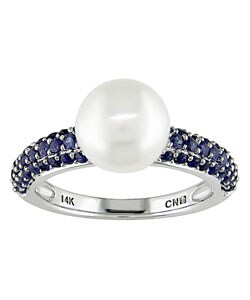 14k Gold Sapphire Cultured Freshwater Pearl Ring