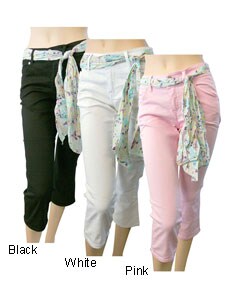 Bay Blue Cropped Pants with Floral Sash Belt