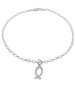 Italian Sterling Silver CZ Faith Fish Anklet
