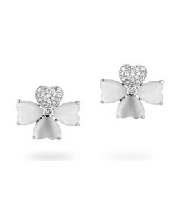 Silvertone Cat's Eye and CZ Flower Earrings