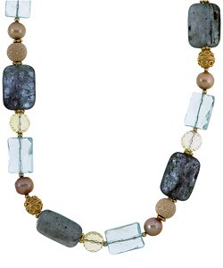 Gold Overlay Blue Kyanite, Citrine, Pearl Necklace