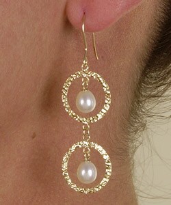 14k Gold Freshwater Pearl Double Circle Earrings
