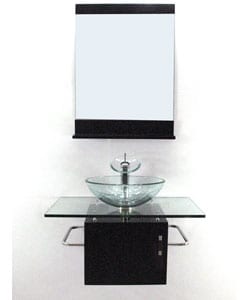 Wall-mount Glass Sink Vanity with Solid Wood Base