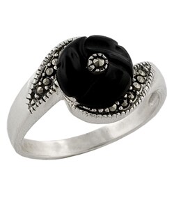 Sterling Silver, Black Onyx, and Marcasite Ring
