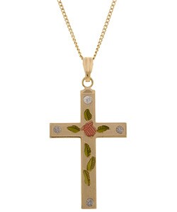 Engraved Cross with Pink Rose & Green Leaf Pendant