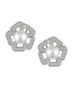 18k Gold FW Pearl 1ct TDW Diamond Earrings (7.5-8mm)