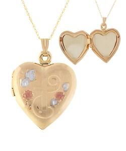 10k Gold Tricolor Heart Locket with Cross Design
