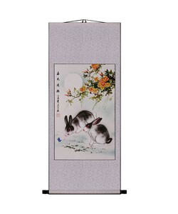 Two Rabbits' Chinese Art Wall Scroll Painting