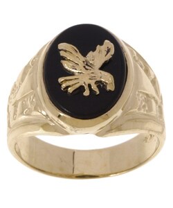 14k Yellow Gold Men's Onyx Eagle Ring