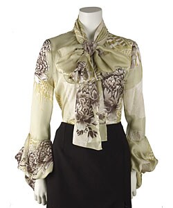 Roberto Cavalli Sheer Silk Tie Neck Floral Blouse