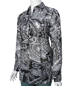 Adolfo Sheer Black and White Printed Blouse