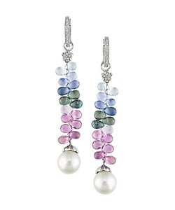 14k Gold South Sea Pearl Multi Sapphires Earrings (10-11mm)