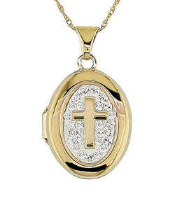 10k Crystal Cross Locket w/ Chain