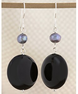 Black Onyx Coin and Freshwater Pearl Earrings (USA)