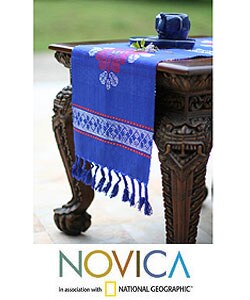 Cotton table runner 'Blue Garden' (Thailand)