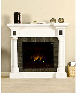 Alexander White Electric Fireplace with Gray Slate Tiles