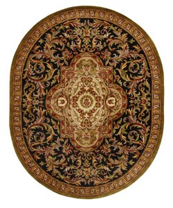 Classic Royal Black/ Beige Wool Rug (7'6 x 9'6 Oval).