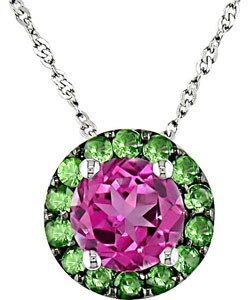10k White Gold Pink Topaz and Tsavorite Necklace