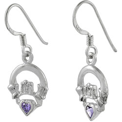 Sterling Silver Claddagh Earrings with Purple Heart