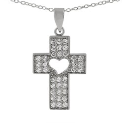 Silver Cross Pendant: Sterling Silver CZ Cross Pendant with Cutout Heart