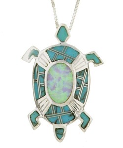 Sterling Silver Opal and Turquoise Turtle Necklace