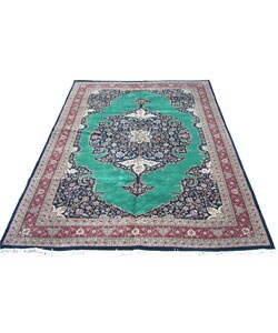 Indo Heriz Hand-knotted Green/ Red Rug (11'11 x 17'6)