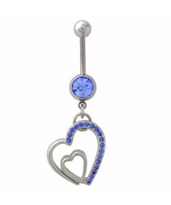 Steel Dangling Jeweled Hearts Curved Belly Barbell