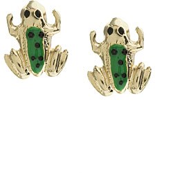 14k Gold Green Enameled Frog Stud Earrings