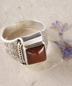 Silver Square Carnelian and Carvings Ring (Nepal)