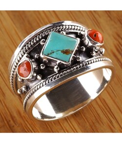 Silver Turquoise and Faux Coral Ring (Nepal)