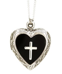 Sterling Silver Black Onyx Heart Locket with Cross