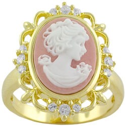 14k Gold Overlay Silver Pink Lady Cameo CZ Ring