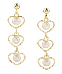 14k Yellow Gold Triple Heart Drop Stud Earrings