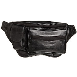 Front Zippered Black Leather Fanny Pack