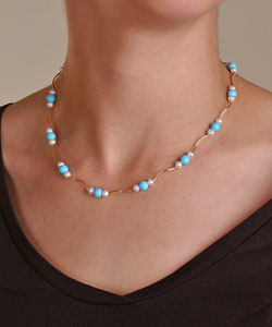 14k Gold Cultured Pearl and Turquoise Necklace  (4-4.5 mm)