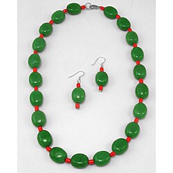 Jade & Coral Glass Necklace and Earrings Set (India)