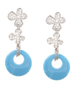 Silvertone Turquoise Resin and CZ Floral Earrings