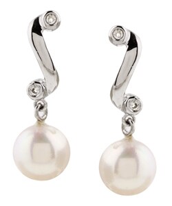 14k White Gold Pearl and Diamond 'S' Bar Earrings (6.5 mm)