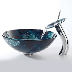 Kraus Boulder Opal Glass Vessel Sink and Waterfall Faucet Chrome