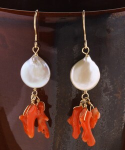 Goldfill Coral Chili Pepper Coin Pearl Earrings (USA)