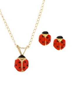 14k Yellow Gold Ladybug Earring and Necklace Set