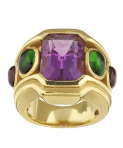 18k Yellow Gold Amethyst and Tourmaline Ring