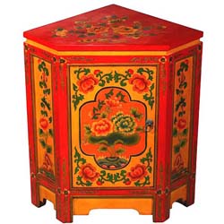 Tibetan-style Yellow/ Red Hand-painted Corner End Table