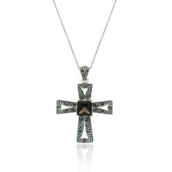 Silver Marcasite and Smokey Quartz Cross Necklace