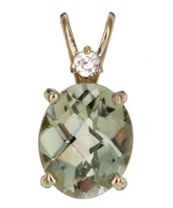 14k Gold Green Amethyst and CZ Pendant