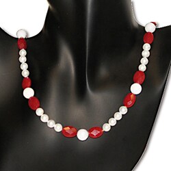 FW Pearl, White Japer and Red Jade Bead Necklace (7-7.5 mm)