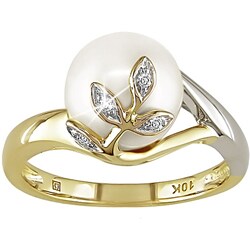 10k Two-tone Gold Freshwater Pearl and Diamond Ring (9-10 mm)